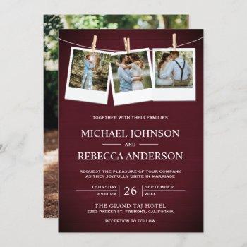 rustic burgundy barn wood photo collage wedding invitation