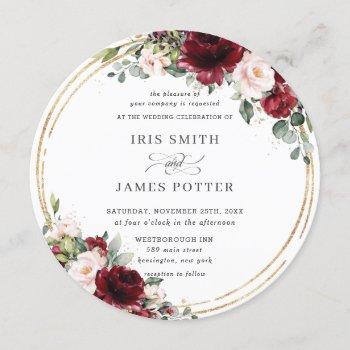 rustic burgundy blush floral gold greenery wedding invitation