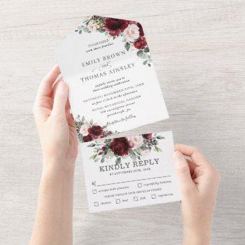 rustic burgundy blush floral greenery wedding  all in one invitation