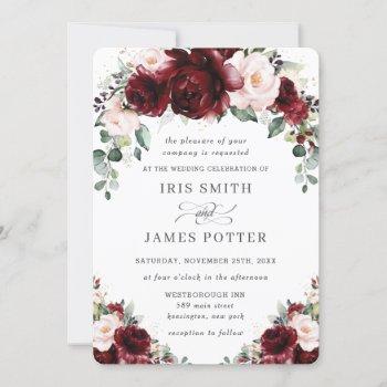 rustic burgundy blush floral roses arch wedding  invitation