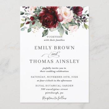 rustic burgundy blush pink floral greenery wedding invitation