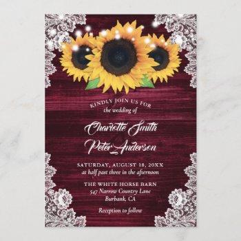 rustic burgundy burlap lace sunflower wedding invitation