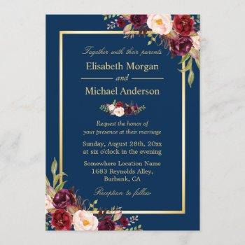 rustic burgundy floral gold navy blue wedding invitation