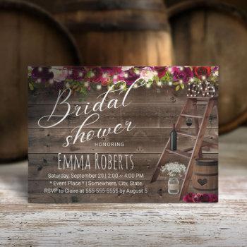 rustic burgundy floral wine barrel bridal shower invitation