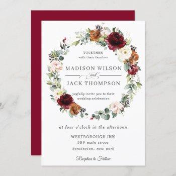 rustic burgundy ivory orange floral wreath wedding invitation