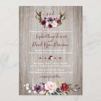 rustic burgundy pink floral antlers wood wedding invitation