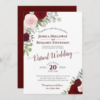 rustic burgundy red & pink floral virtual wedding invitation