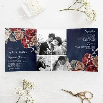 Small Rustic Burgundy Red Roses Navy Blue Photo Wedding Tri-fold Front View