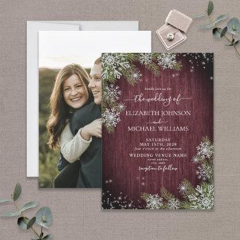 rustic burgundy silver winter wood photo wedding invitation