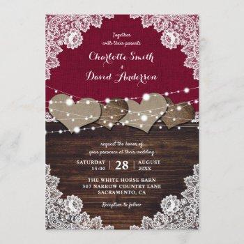 rustic burgundy wood burlap lace wedding invitation