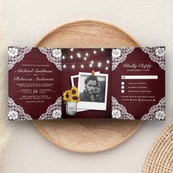 Small Rustic Burgundy Wood Lace String Lights Wedding Tri-fold Front View