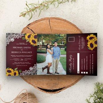 Small Rustic Burgundy Wood Lace Sunflower Wedding Photo Tri-fold Front View