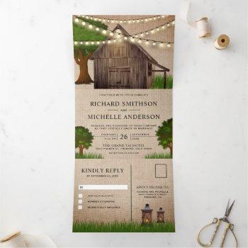 rustic burlap farm wood barn string lights wedding tri-fold invitation