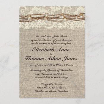 rustic burlap lace pearls wedding invitation
