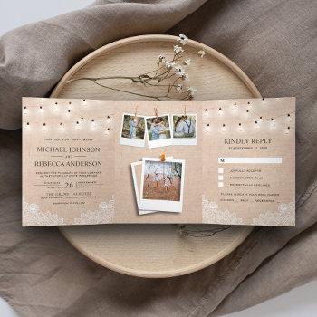 Small Rustic Burlap Lace String Lights Photo Wedding Tri-fold Front View