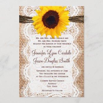 Small Rustic Burlap Lace Twine Sunflower Wedding Invites Front View