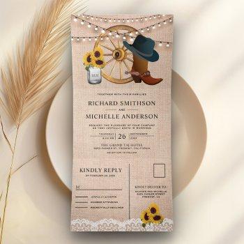 Small Rustic Burlap Sunflowers Cowboy Western Wedding Tri-fold Front View