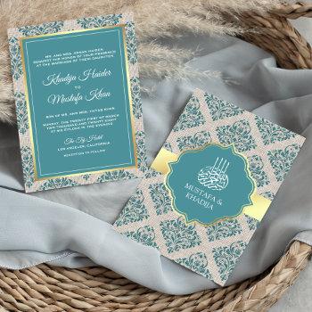 rustic burlap teal damask muslim wedding invitation