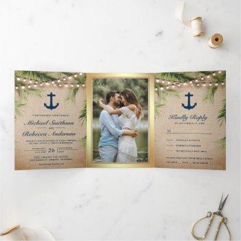 Small Rustic Burlap Tropical Palm Anchor Lights Wedding Tri-fold Front View