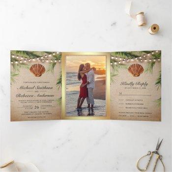 rustic burlap tropical palm leaf seashell wedding tri-fold invitation