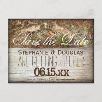 Small Rustic Camo And Wood Save The Date Post Front View