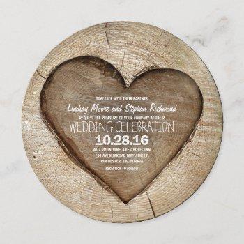 rustic carved tree wood heart wedding invitation