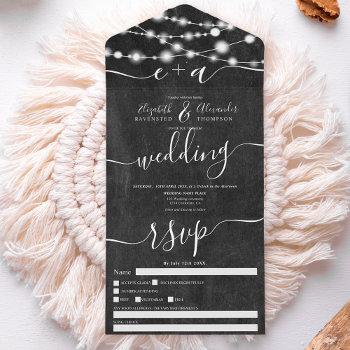 rustic chalk string lights initials script wedding all in one invitation