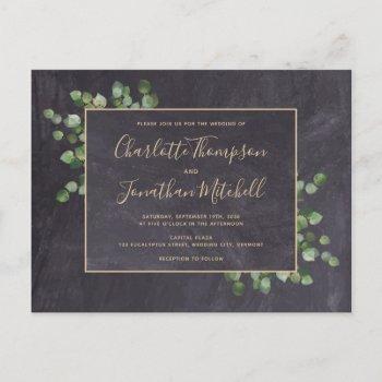 rustic chalkboard eucalyptus foliage greenery save invitation postcard