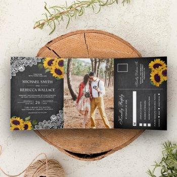 Small Rustic Chalkboard Lace Sunflower Wedding Photo Tri-fold Front View