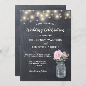Small Rustic Chalkboard Peony Floral Mason Jar | Wedding Front View
