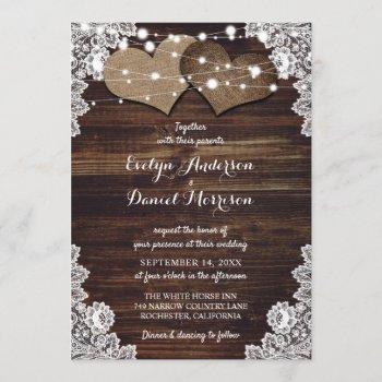 rustic chic wood burlap lace string lights wedding invitation