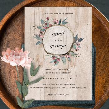 Small Rustic Chic Wood Slice Pink Floral Wedding Invite Front View