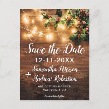 Small Rustic Christmas Lights Mistletoe Save The Date Announcement Post Front View