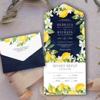 rustic citrus lemon orchard navy blue wedding all in one invitation