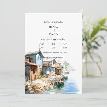 rustic coastal fishing village shacks wedding  invitation