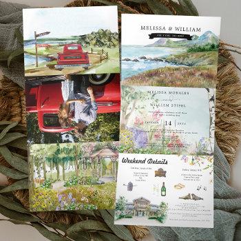 rustic coastal gazebo | illustrated wedding tri-fold invitation