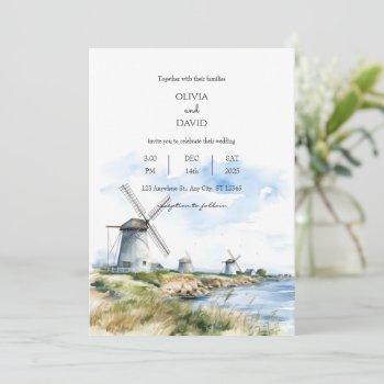 rustic coastal windmills sea view backdrop wedding invitation