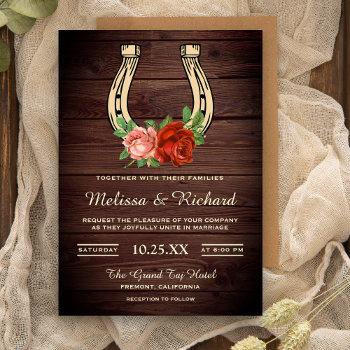 rustic country barn wood floral horseshoe wedding invitation