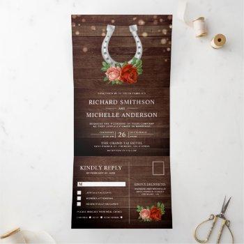 Small Rustic Country Barn Wood Floral Horseshoe Wedding Tri-fold Front View