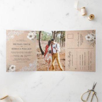 rustic country burlap lace ivory floral wedding tri-fold invitation