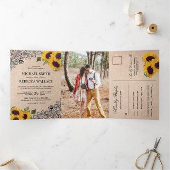 rustic country burlap lace sunflower wedding photo tri-fold invitation