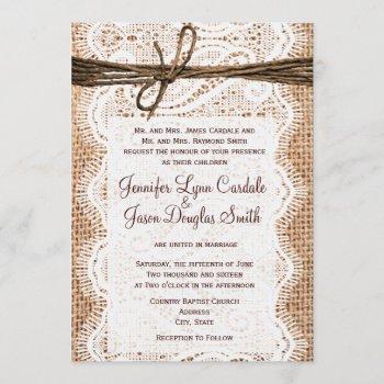 Small Rustic Country Burlap Lace Twine Wedding Invites Front View