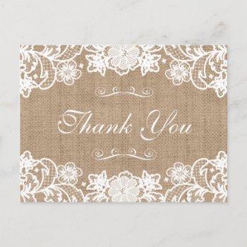 rustic country burlap lace wedding thank you postcard