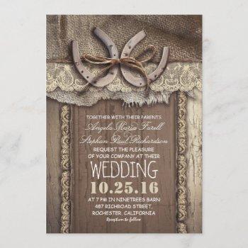 rustic country horseshoes and burlap lace wedding invitation