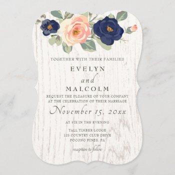 rustic country navy blue and peach floral wedding invitation