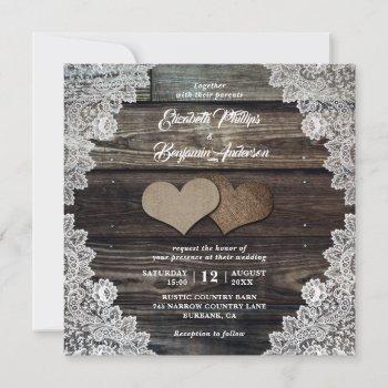 rustic country wood lace burlap hearts wedding invitation