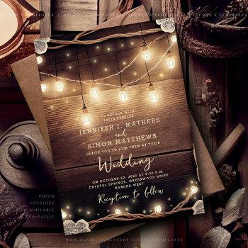 rustic country wood string lights lace wedding invitation