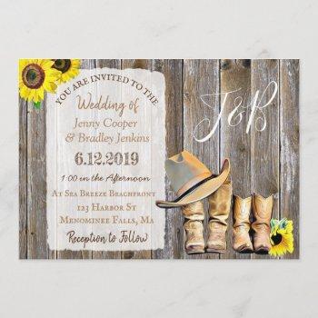rustic cowboy boots, lace and sunflowers wedding invitation