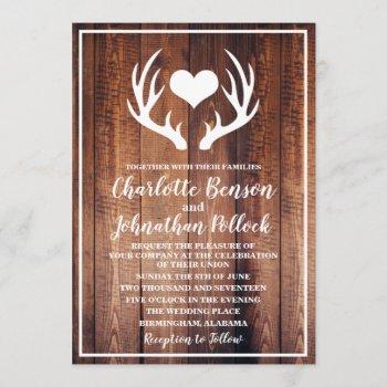 rustic dark barn wood & white deer antlers wedding invitation