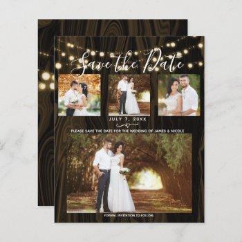 Small Rustic Dark Wood & Lights 4 Photo Save The Date Front View